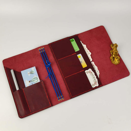 Custom Trifold Italian Leather Planner journal Cover with pockets, A5 size